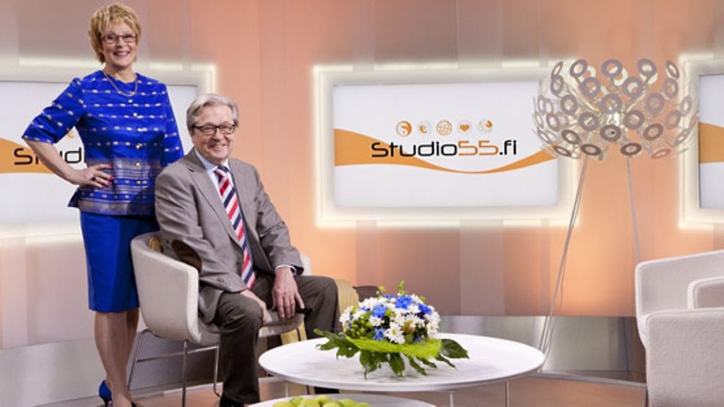 Studio55.fi-ohjelman juontajat Pirjo Haapoja ja Markku Veijalainen.