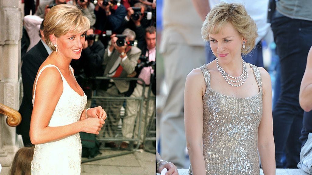 Prinsessa Diana (vas.) ja hänen rooliinsa muuntautunut Naomi Watts.