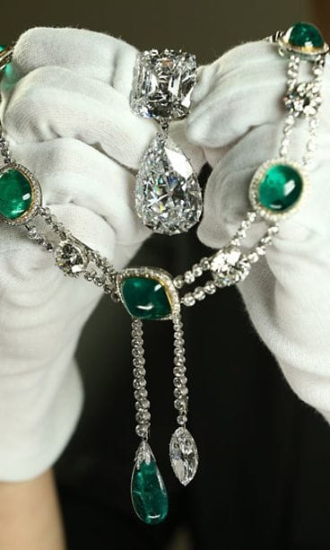 The Cullinan III and IV Broach and the Cullinan VII Delhi Durbar Necklace and Cullinan Pendant at The Queen's Gallery, Buckingham Palace on May 15, 2012 in London, England.