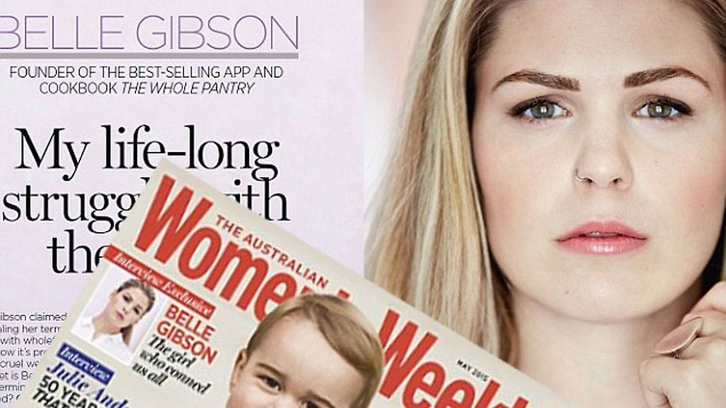 Women's Weekly haastatteli Belle Gibsonia, joka huijasi selättäneensä parantumattomaksi arvioidun aivosyövän terveellisiä elämäntapoja noudattaen. Kuvakaappaus: Women's Weekly.