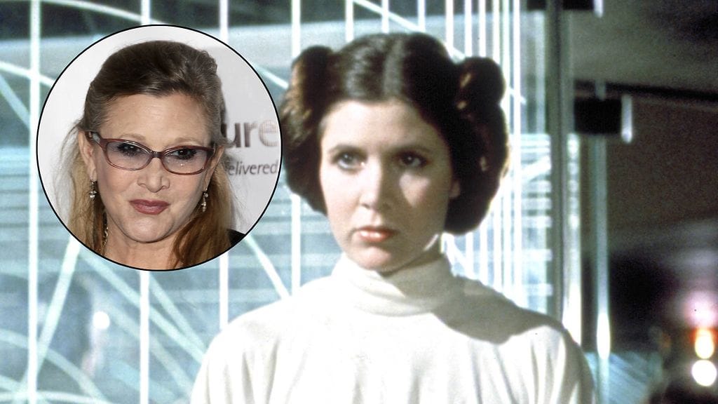 Carrie Fisher vuosina 1977 ja 2015.