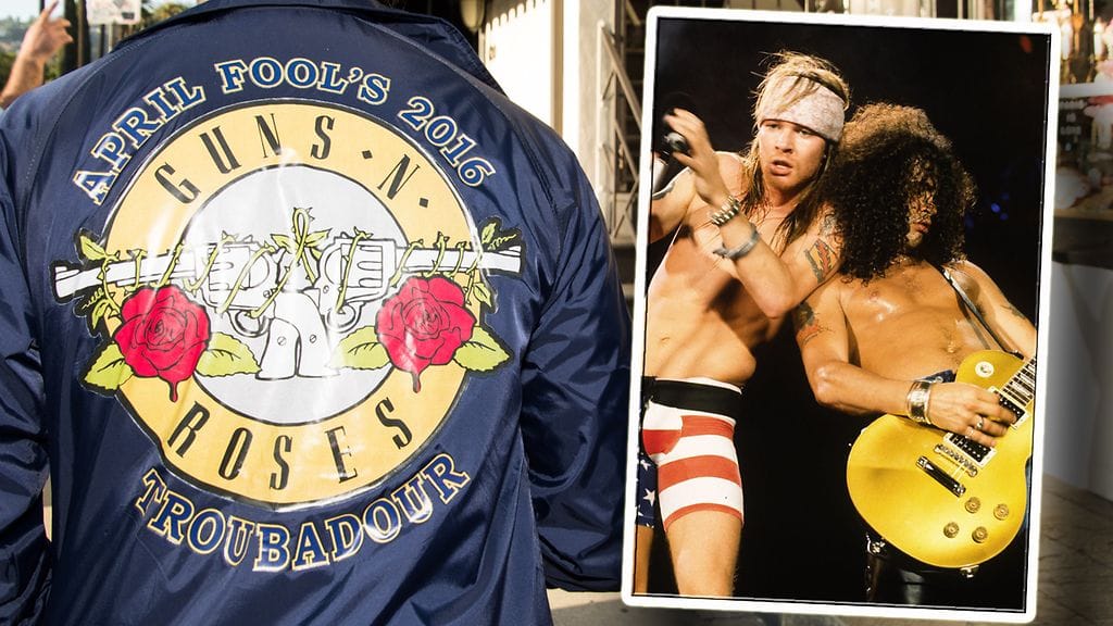 Kuvassa virallinen Guns N' Roses -kiertuetakki keväältä 2016 sekä Axl Rose ja Slash lavalla vuonna 1991.