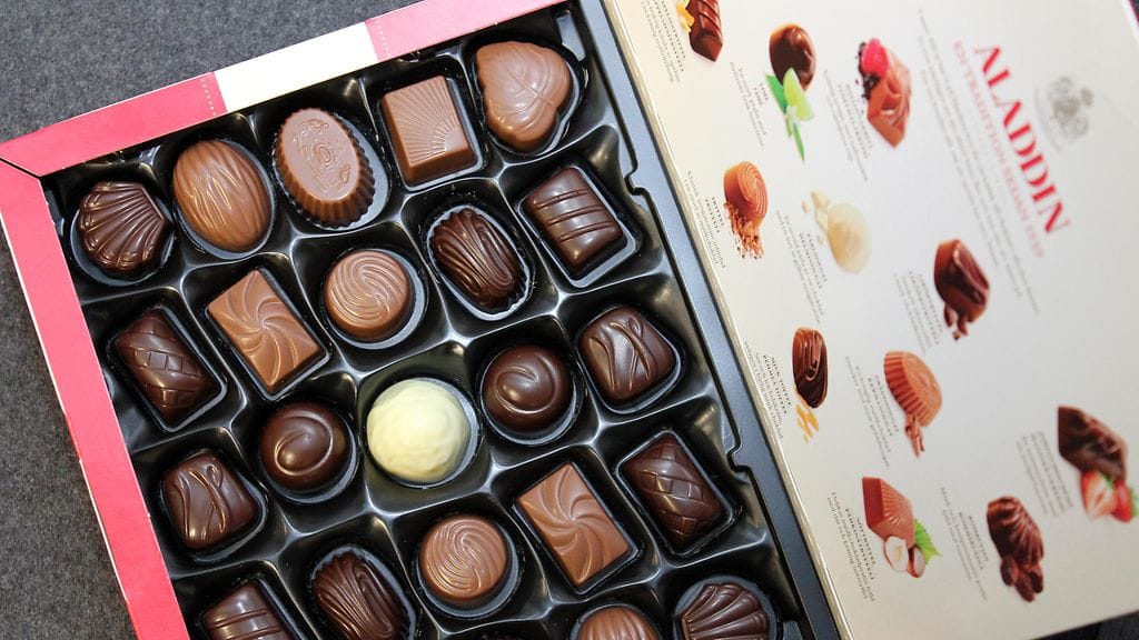 Aladdin-konvehtirasia kuvattuna vuonna 2016, jolloin rasia painoi vielä 500 grammaa.