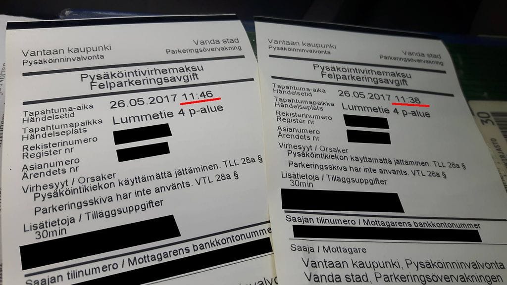 Pysäköintivirhemaksujen kirjoittamisen välillä ehti kulua vain kahdeksan minuuttia.