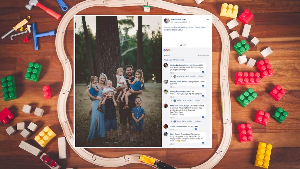 Kuuden lapsen äiti Krechelle Carter perheineen. Kuvituskuva, toisen kuvan lähde Facebook