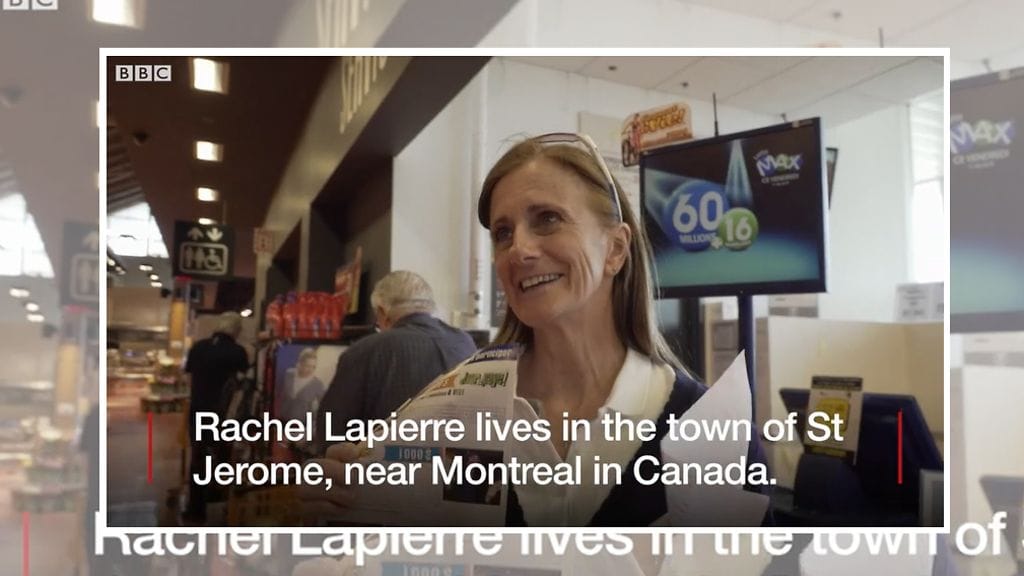 Vuonna 2013 Rachel Lapierre voitti huikean jättipotin arvasta. Nyt hän on päättänyt antaa voittonsa pois.
Kuvan lähde BBC