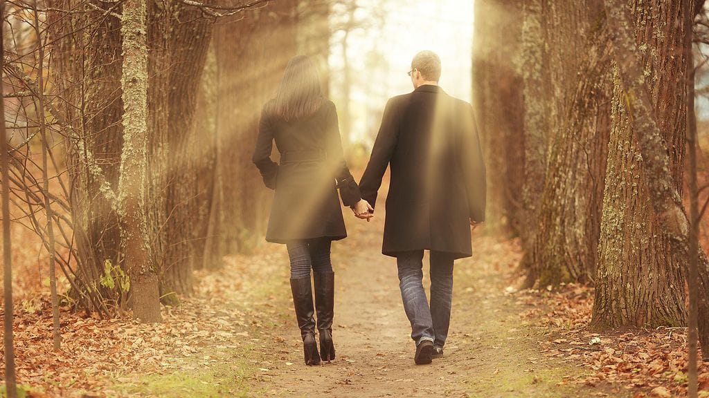 syksy, pariskunta, kävely