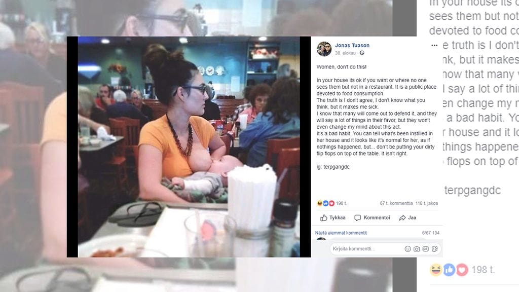 Jonas julkaisi kuvan äidistä, jonka tavat "ällöttivät" häntä. Kyse ei kuitenkaan ollut imettämisen kritisoinnista, vaan vitsistä! Kuvan lähde Facebook