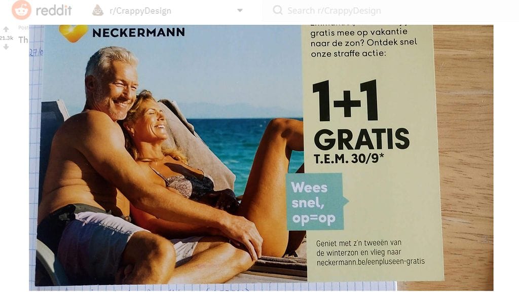 Pariskunnan lomakuva rannalla johti joidenkin katsojien mielissä rivoon mielleyhtymään. Näetkö mainoskuvassa jotakin irstasta? Kuvan lähde Reddit