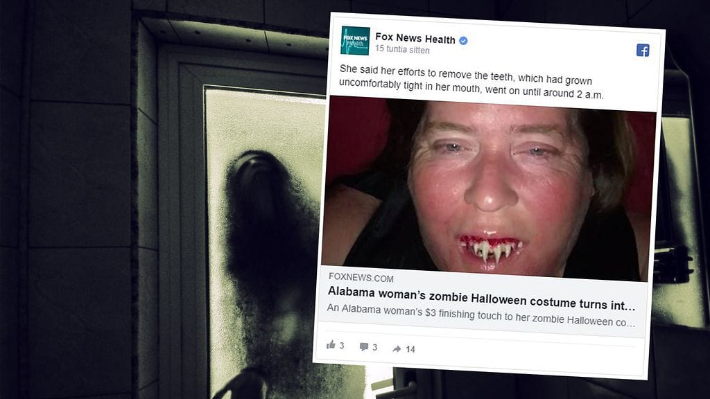 Nainen lisäsi halloween-asuunsa karmivat tekohampaat, jotka eivät meinanneetkaan lähteä irti.