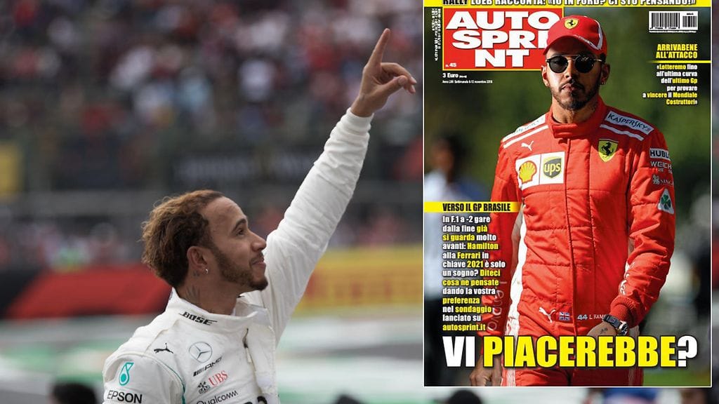 Lewis Hamiltonin päälle Autospintin kanteen oli kuvamuokattu Ferrarin haalarit.
