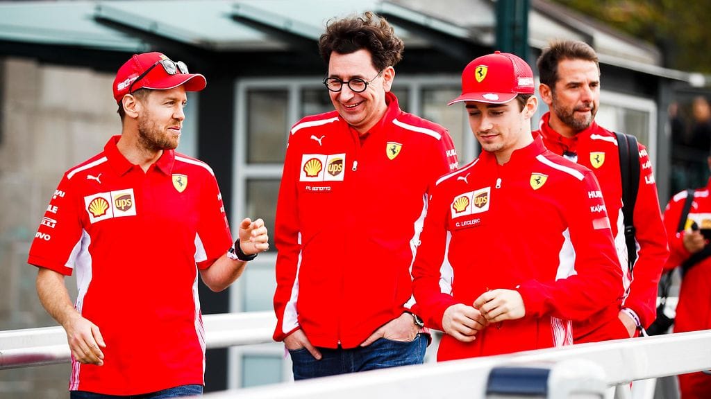 Sebastian Vettel, Mattia Binotto ja Charles Leclerc