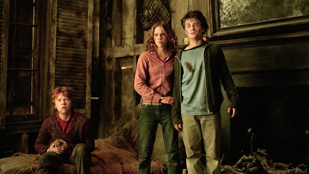 Harry Potter -elokuvien päätähdet Ron Weasley (Rupert Grint), Hermiona Granger (Emma Watson) ja Harry Potter (Daniel Radcliffe).