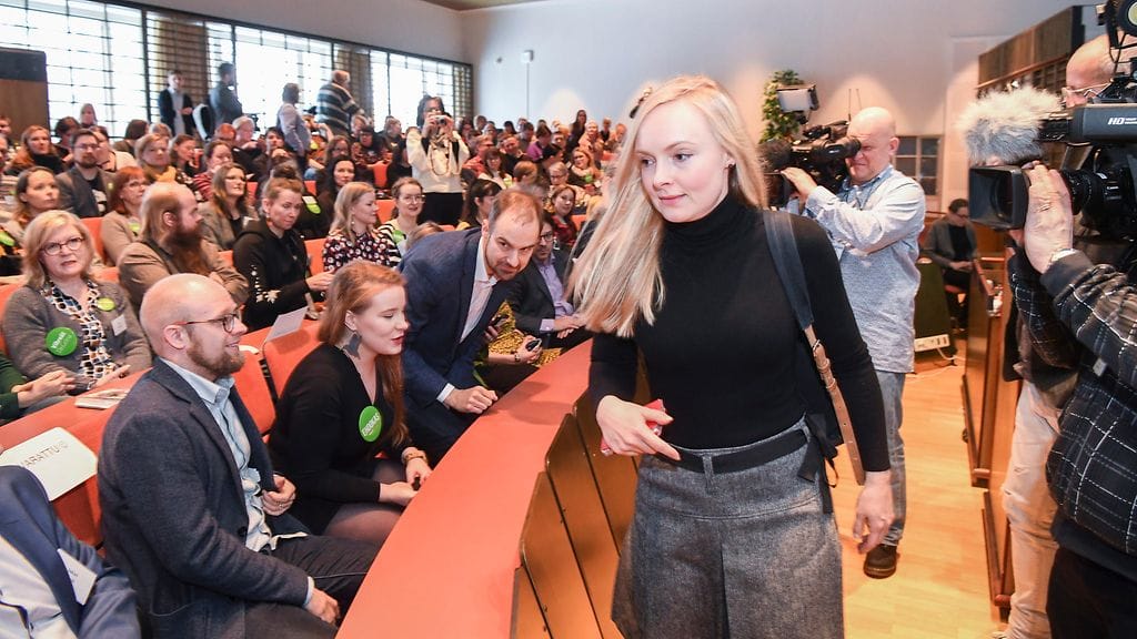 Maria Ohisalo vihreiden eduskuntavaalikampanjan starttitilaisuudessa Mäkelän koululla Helsingissä 26. tammikuuta 2019.
