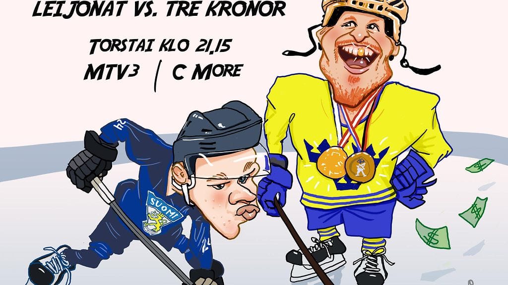Teppo Järven piirtämässä karikatyyrissä vastakkain ovat Suomen Kaapo Kakko ja Ruotsin Gabriel Landeskog.