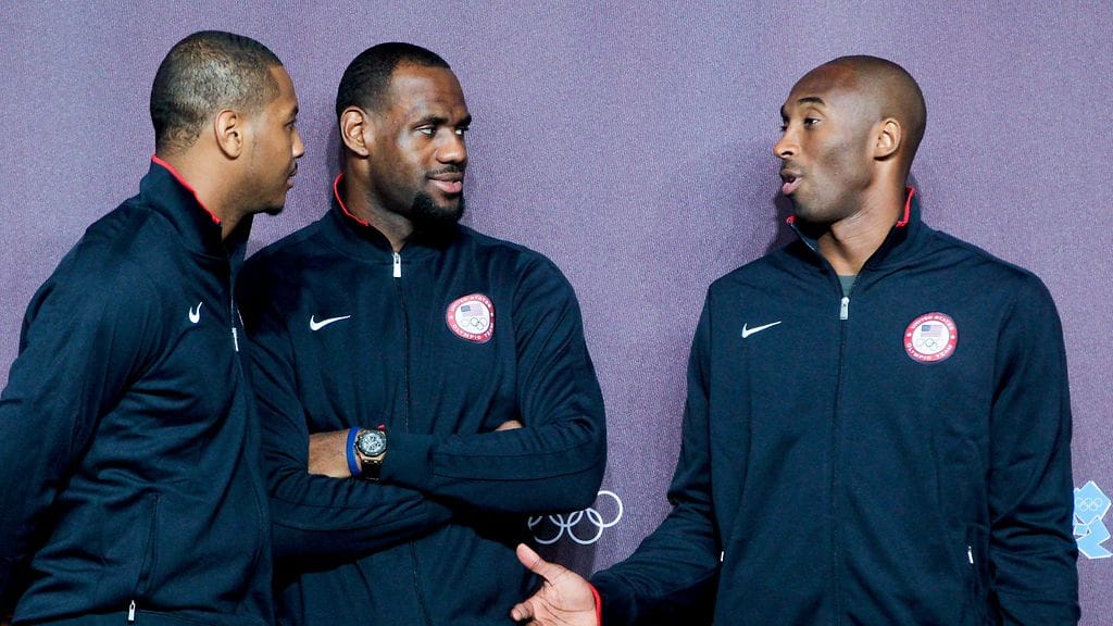 Carmelo Anthony, LeBron James ja Kobe Bryant edustivat Yhdysvaltojen olympiajoukkuetta Lontoossa vuonna 2012.