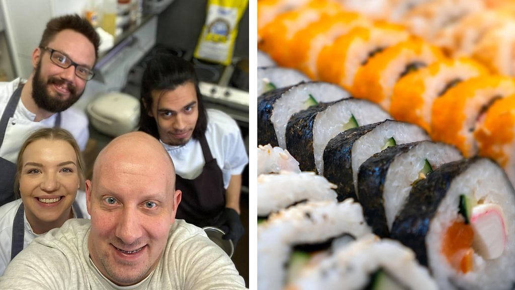 Ravintola Oran henkilökuntaa, etualalla Sasu Laukkonen.