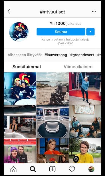 Hashtagin kokoomasivu. Kuvakaappaus Instagramista