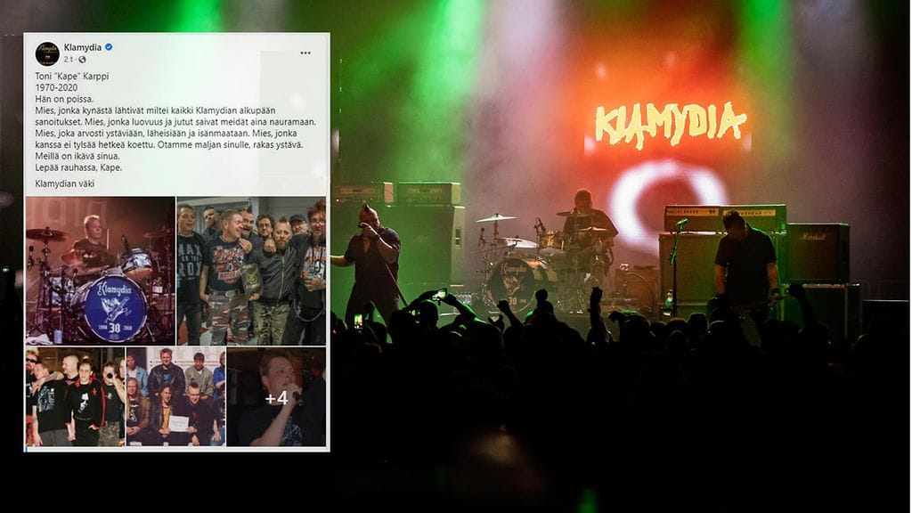 Arkistokuva Klamydian-keikalta ja kuvakaappaus yhtyeen FB-päivityksestä.