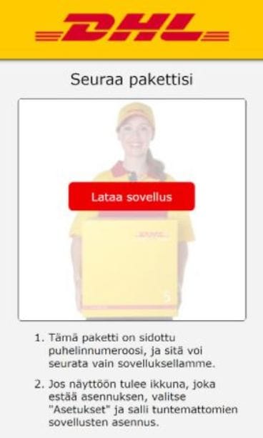 Esimerkki-DHL-pakettihuijausviestistä