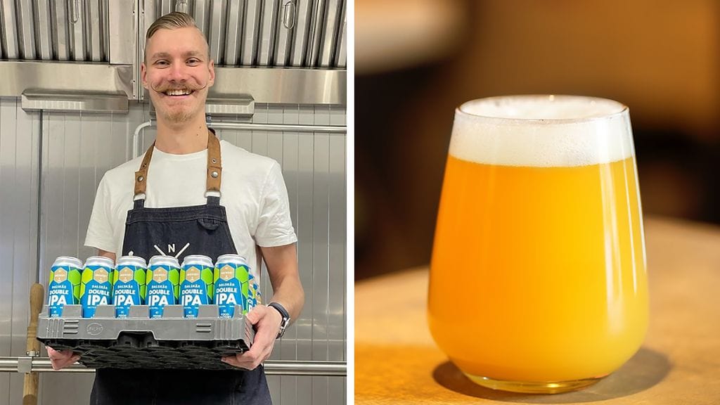 Panimomestari Eemeli Tuhkanen uusien oluidensa kanssa.