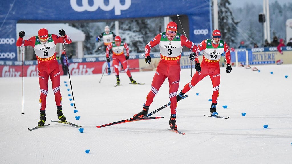 Venäjän Sergei Ustjugov, Aleksandr Bolshunov ja Artem Maltsev Rukan maailmancupissa viime marraskuussa.