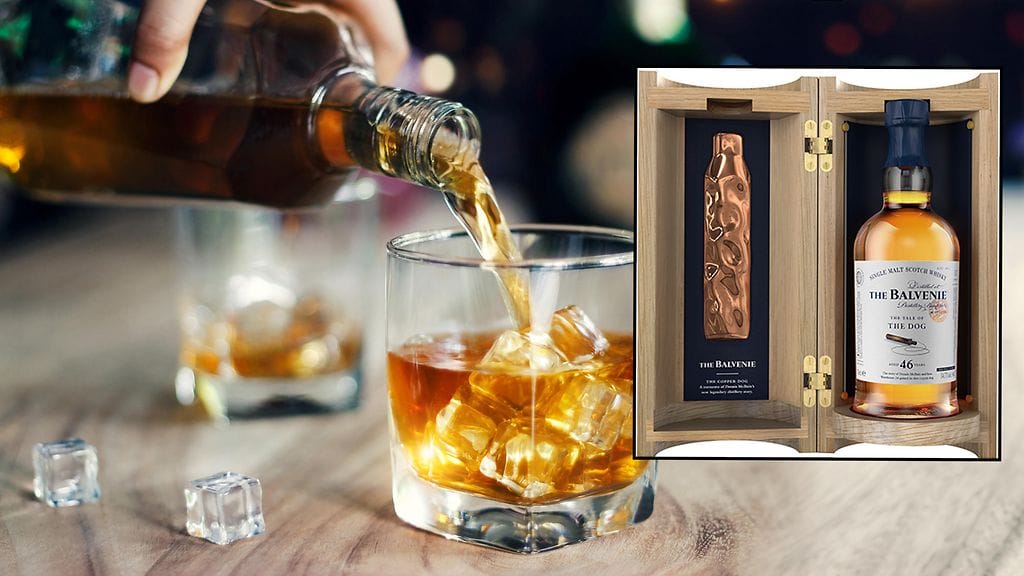 Kuvan oikeassa reunassa yli 19 000 euroa maksanut Balvenien The Tale of the Dog -viski.