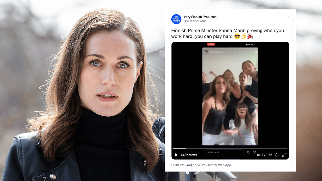 Kuvakollaasi Sanna Marinista ja mukana upotettu Twitter-päivitys, jossa näkyy ote videolta.