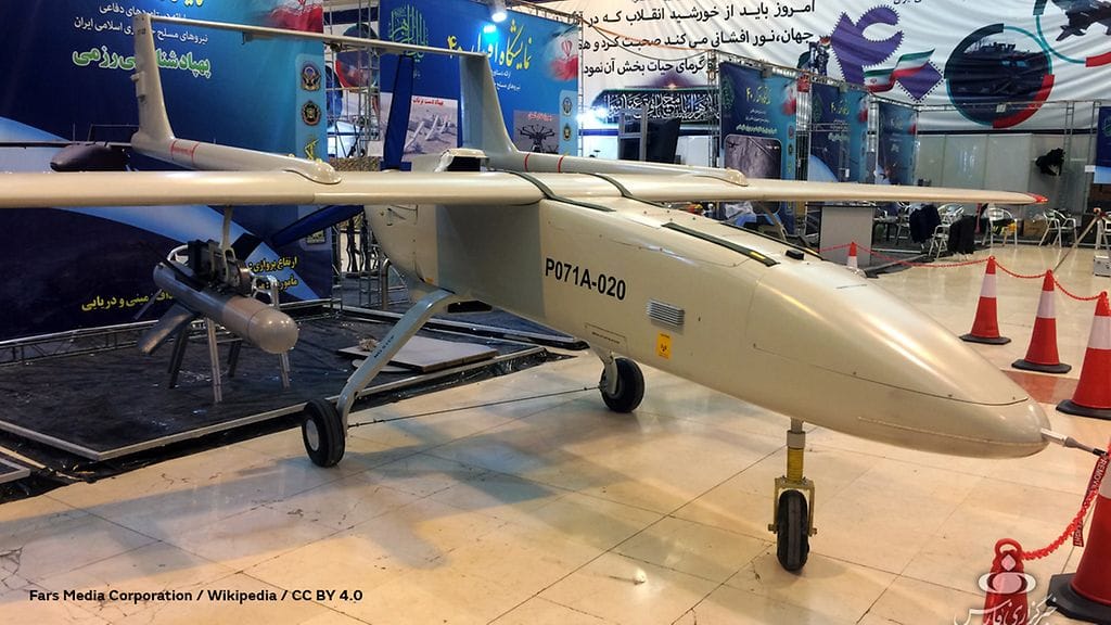 Iranilainen Qods Mohajer-6 -lennokki esittelyssä Teheranissa vuonna 2019.