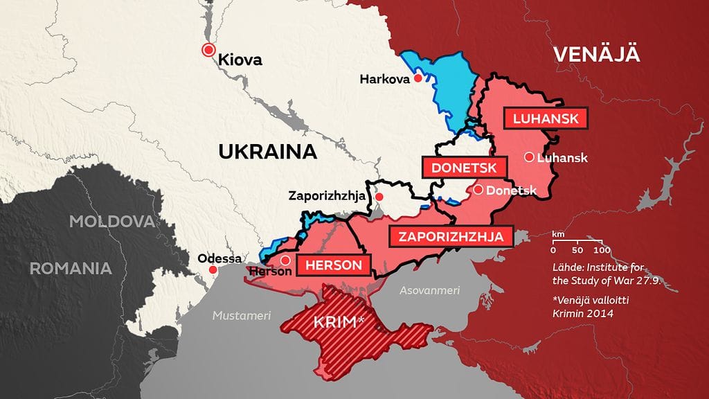 Karttakuva Venäjän miehittämistä alueista Ukrainassa 30.9.2022