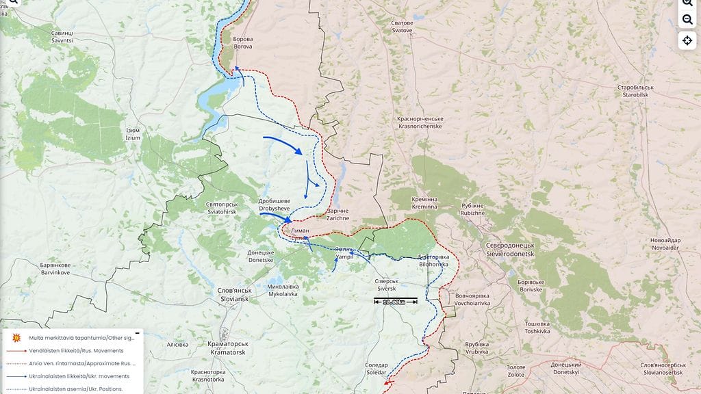 Sotatilanne Lymanin kaupungin ympärillä Donetskissa, Ukrainassa, 1. lokakuuta 2022.