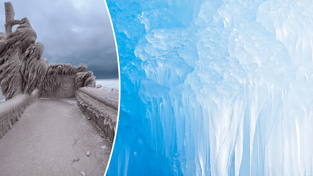 Viikonlopun yli kestänyt lumimyräkkä loi Kanadassa sijaitsevalle laiturille luonnon muovaaman jääveistosnäyttelyn.