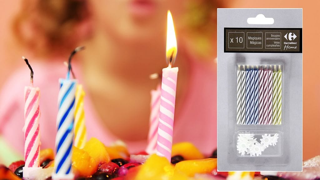 Pilailukynttilät sammuvat vain vedellä, eivät puhaltamalla. Taustalla kuvituskuva.