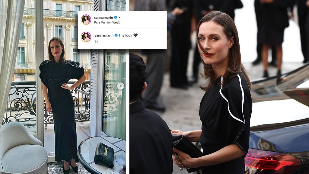 Sanna Marin julkaisi Instagramiin kuvia (vasemmalla) itsestään Pariisin muotiviikoilla. Oikeanpuoleinen kuva: All Over Press