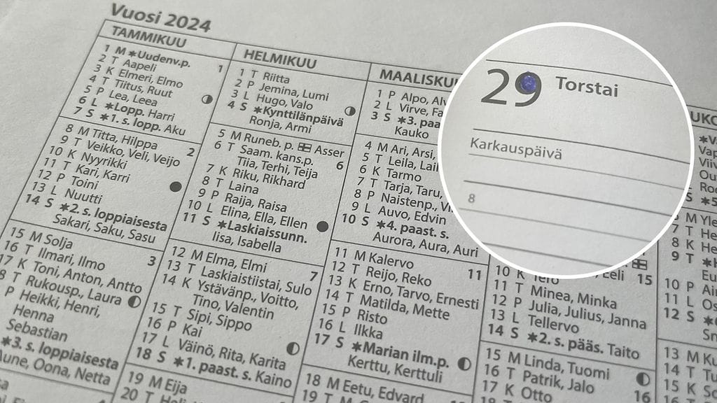Vuonna 2024 karkauspäivä eli 29. helmikuuta osuu torstaille.