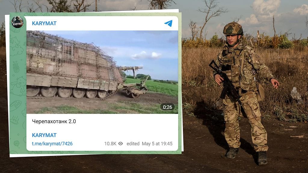 Panssarivaunun ympärille on rakennettu rutkasti lisäsuojaa muun muassa dronehyökkäyksiä vastaan.