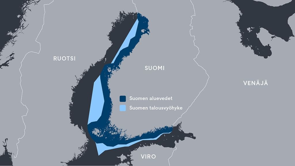 Kartassa tummansinisellä Suomen aluevedet ja vaaleansinisellä talousvyöhyke.