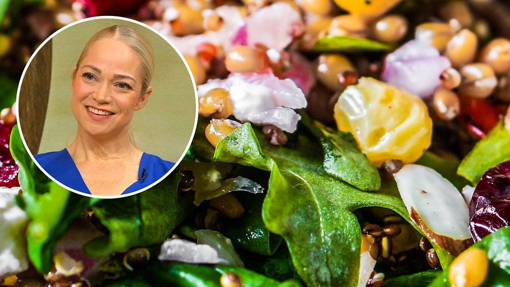 Pippa Laukka vinkkasi rautapitoisen lounassalaatin ohjeen Huomenta Suomessa kesäkuussa 2024.