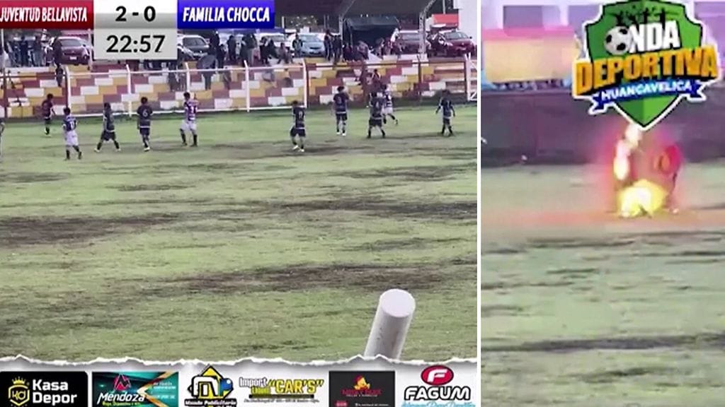 Salamanisku tappoi jalkapalloilijan kesken ottelun Perussa. Kuvakaappaus Reutersin jakamalta videolta.