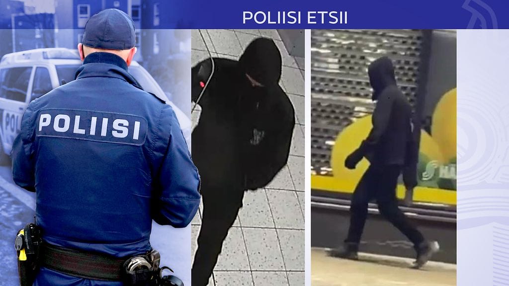 Poliisin julkaisemassa tuoreessa kuvassa (keskellä) näkyy epäillyn päällä olleen mustan takin tai hupparin yksityiskohtia tarkemmin.