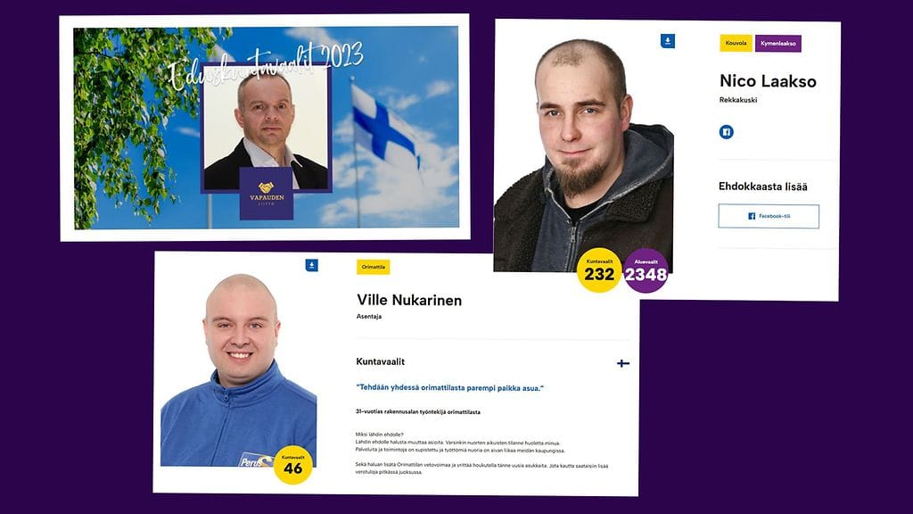 Kuvasta puuttuvat Jarmo Salminen (sd.) ja Niko Hakasalo (ps.), joiden ehdokkuussivut eivät ole enää näkyvillä.