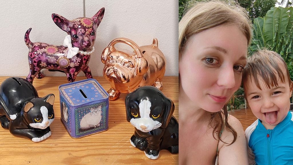 Milla säilöö pullonpalautusrahat säästörasioissaan. Oikealla Milla ja hänen poikansa.