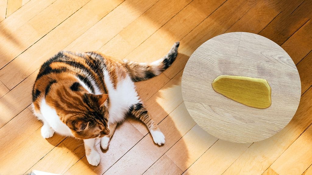 Kissanpissa vaurioitti parketteja. Kuvituskuva.