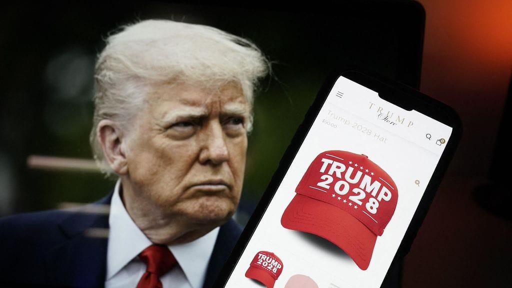 Tällaiset lippikset ilmestyivät myyntiin Trumpin verkkokauppaan. Luku 2028 viittaa vuoteen 2028, jolloin järjestetään seuraavat Yhdysvaltain presidentinvaalit.