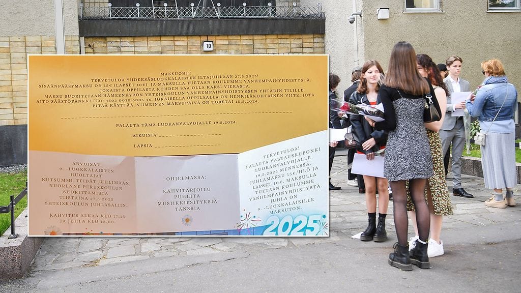Äiti pahoitti mielensä ysiluokan maksullisista päättäjäisjuhlista Hämeenkyrössä. Kuvassa kutsu tilaisuuteen. Kuvan nuoret eivät liity tapaukseen.