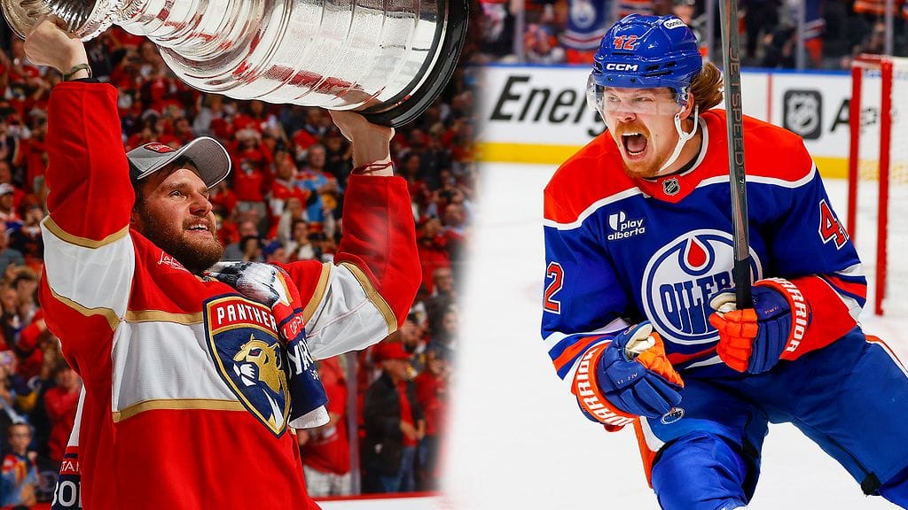 Florida Panthersin kapteeni Aleksander nosti Stanley Cupia kesäkuussa 2024. Kasperi Kapanen (oik.) jahtaa uransa ensimmäistä NHL-mestaruutta Edmonton Oilersin paidassa.