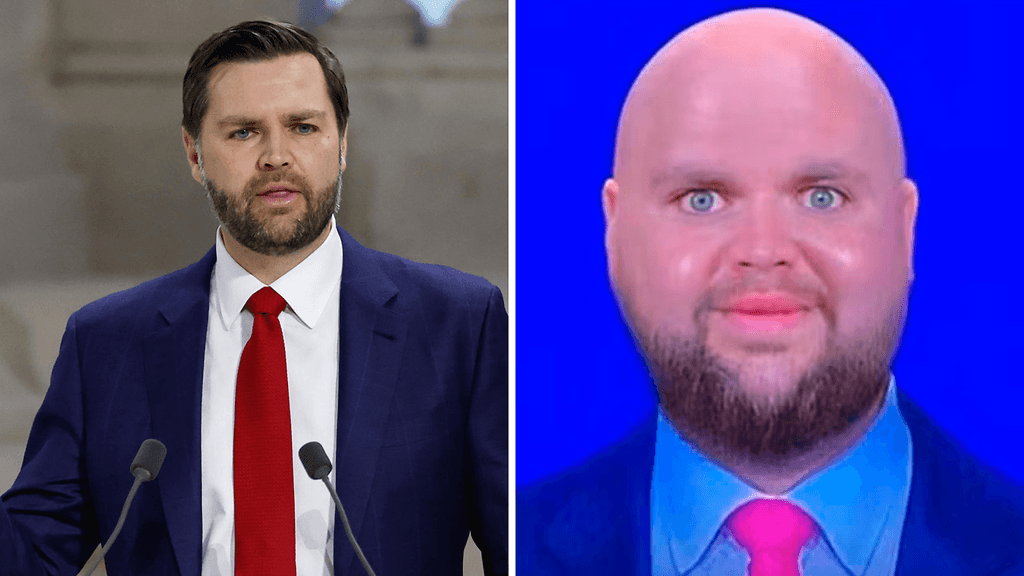 Yhdysvaltain varapresidentti J.D. Vance (vas.) ja kuvamuokkaus, jonka hallussapidon väitetään johtaneen norjalaisturistin käännytykseen Yhdysvaltain rajalla.