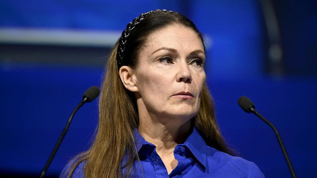 Liikenne- ja viestintäministeri Lulu Ranne puhui perussuomalaisten puoluekokouksessa Lahdessa 15. kesäkuuta.