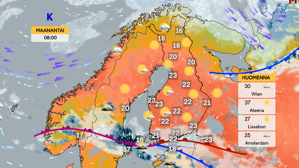 Sääennuste maanantaille 14.7.2025 kello 08.00