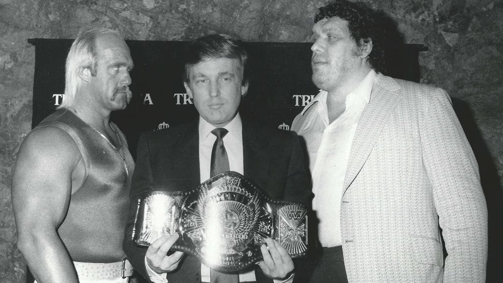 Hulk Hogan, Donald Trump ja André the Giant vuonna 1987.